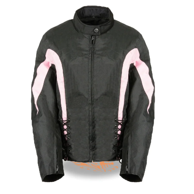 Nexgen SH2188 Women's Black and Pink Textile Motorcycle Riding Jacket with Side Stretch and Lacing Boat Neck Shawl Collar Notched Collar