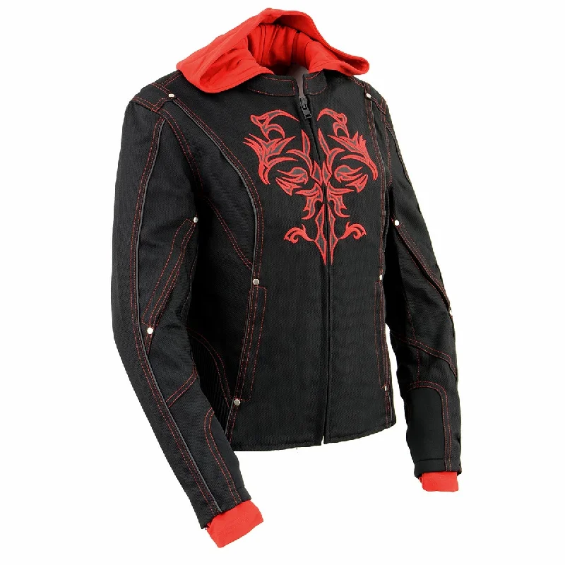 NexGen SH1939 Women's 'Reflective Tribal' Red and Black 3/4 Textile Vented Jacket Oversized Jacket Tailored Jacket Straight Jacket