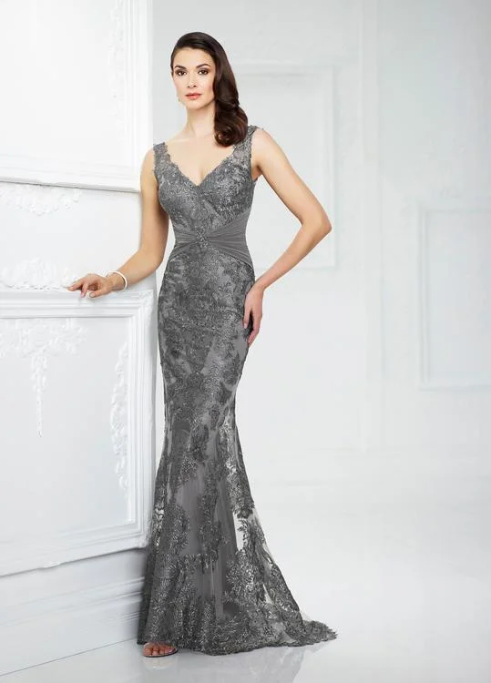 Mon Cheri 217942 Embroidered Ruched Sheath Gown - 1 pc Smoke in Size 18 Available