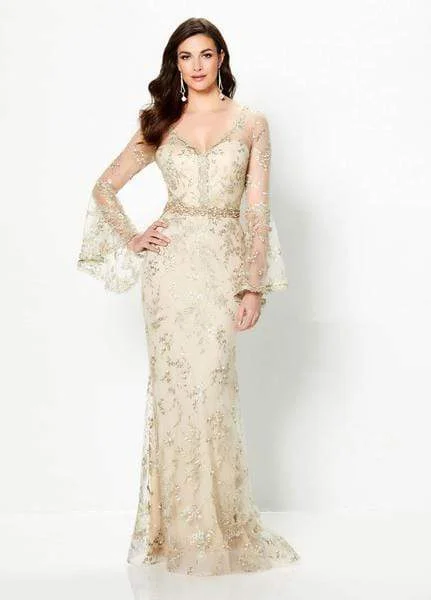 Montage by Mon Cheri - Embellished Long Bell Sleeve Sheath Gown 219986 - 1 pc Champagne In Size 12 Available