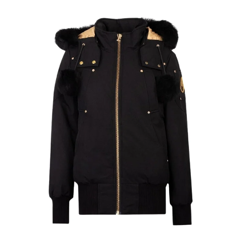 Moose Knuckles Gold Debbie Shearling Black Bomber Jacket Denim Jacket Leather Jacket Suede Jacket