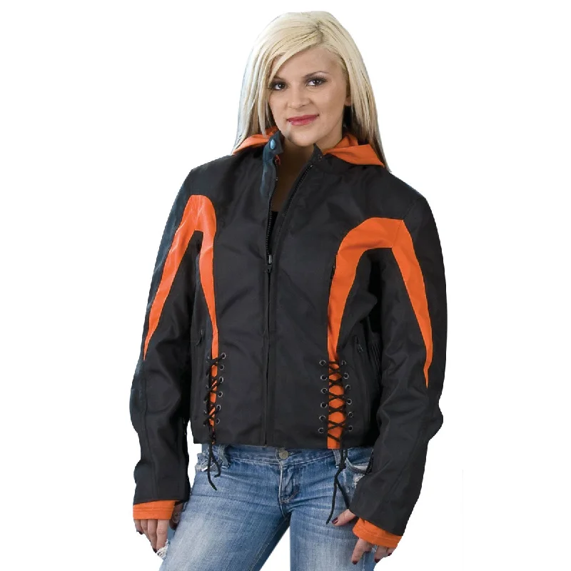 NexGen SH2039 Women's Black and Orange Textile Racer Jacket with Fleece Hoodie Zip Front Button Front Snap Front