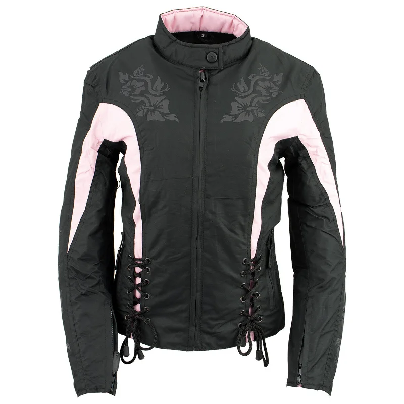 NexGen SH236806 Women's 'Reflective Buffalo Head' Black and Pink Textile Jacket Ribbed Jacket Pleated Jacket Ruffled Jacket