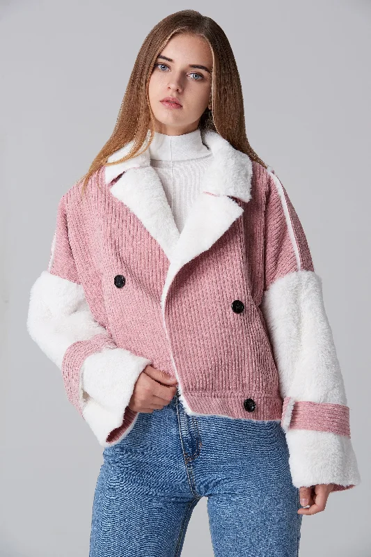 Pink Chord Fur Lining Jacket Tailored Jacket Straight Jacket A-Line Jacket