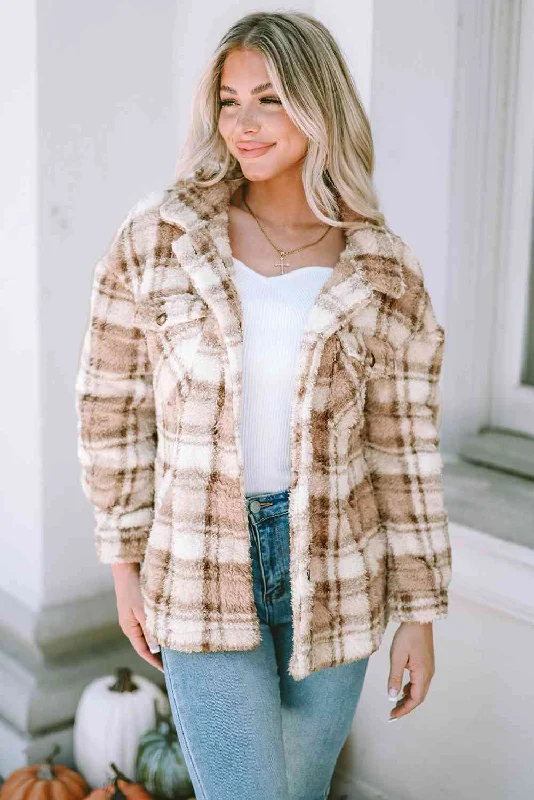 Classic and Timeless: Plaid Collared Neck Jacket for Women Welt Pockets Slit Pockets Flap Pockets