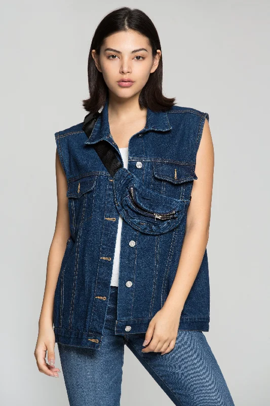 Prussian Blue Denim Jacket Vest with Belt Bag Satin Jacket Silk Jacket Chiffon Jacket