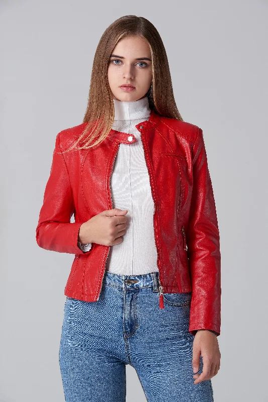 Red Faux Leather Biker Jacket Fleece Jacket Down Jacket Parka