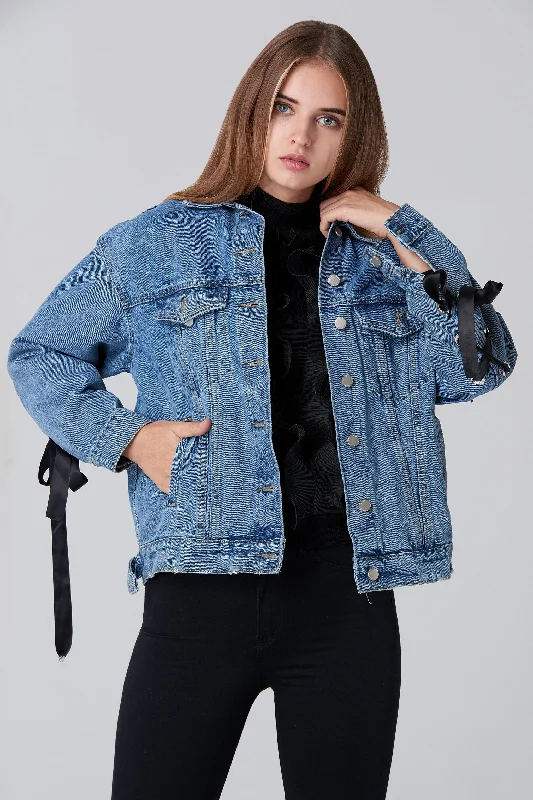 Ring Lace Back Denim Jacket Welt Pockets Slit Pockets Flap Pockets