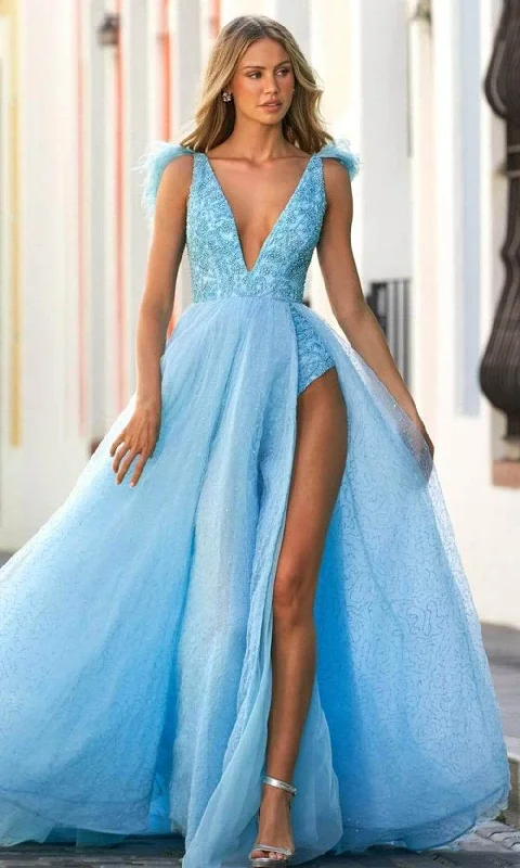Sherri Hill 54791 - Feathered Strap V-Neck Evening Gown