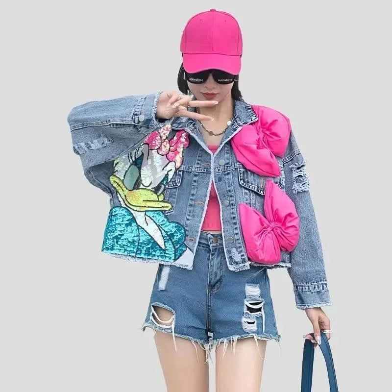 Short Jean Jacket with Cartoon Sequins for Teens Cotton Jacket Linen Jacket Terry Jacket Short Jean Jacket with Cartoon Sequins for Teens Cotton Jacket Linen Jacket Terry Jacket