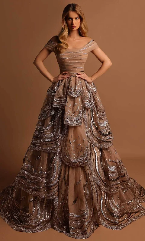 Tarik Ediz 98548 - Sequined Tiered A-Line Evening Gown