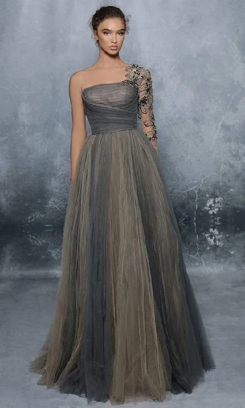 Tarik Ediz - Embroidered Tulle Single Sleeve Ballgown 96001