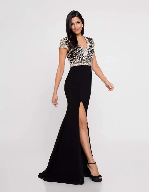 Terani Couture - 1812M6655 Cap Sleeve Crystal Ornate High Slit Gown