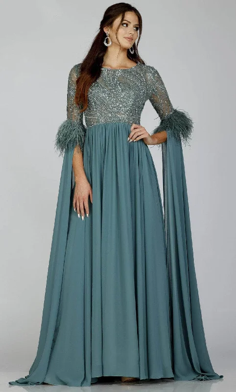 Terani Couture 231M0492 - Feathered Split Sleeve Chiffon Gown
