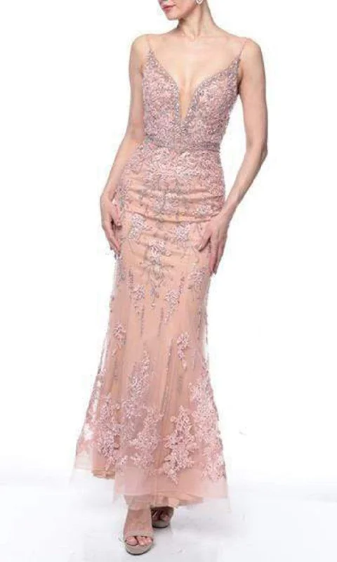 Terani Couture - Bedazzled Deep V-neck Trumpet Dress 1922GL0681 - 1 pc Rose Blush In Size 14 Available