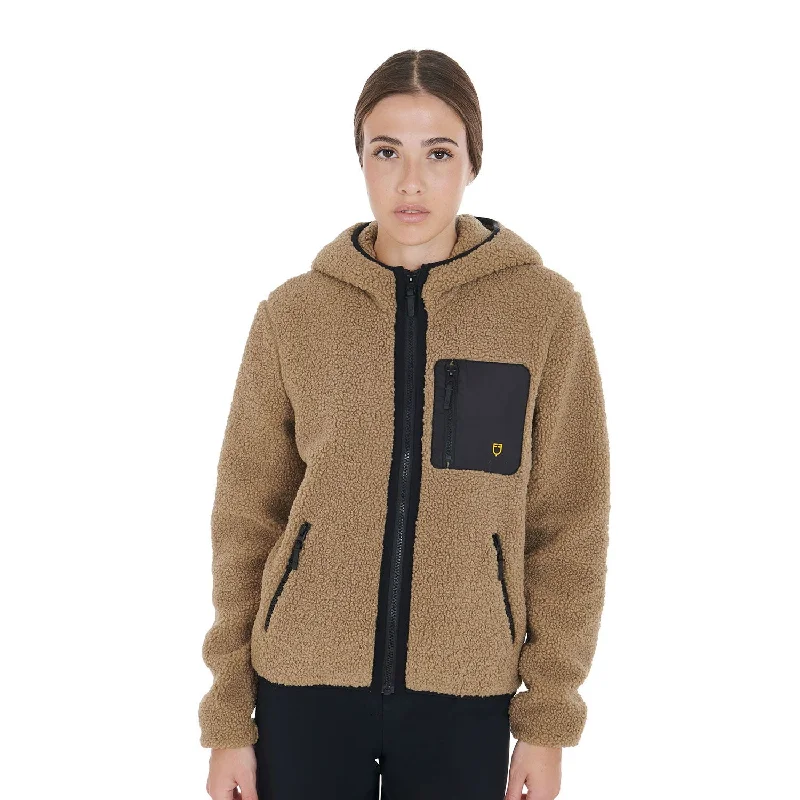 Woman Teddy Full Zip Jacket With Hood - Beige Boat Neck Shawl Collar Notched Collar