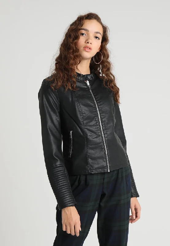 Women’s Black Leather Biker Jacket Ban Collar Satin Jacket Silk Jacket Chiffon Jacket Women’s Black Leather Biker Jacket Ban Collar Satin Jacket Silk Jacket Chiffon Jacket