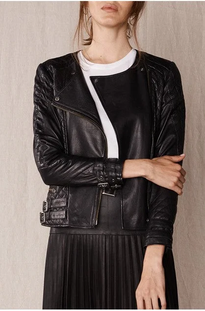 Women’s Black Leather Biker Jacket Crew Neck Belted Jacket Elasticated Jacket Padded Jacket Women’s Black Leather Biker Jacket Crew Neck Belted Jacket Elasticated Jacket Padded Jacket