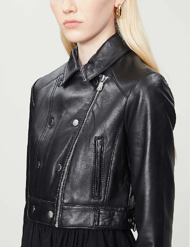 Women’s Black Leather Cropped Biker Jacket Herringbone Jacket Checkered Jacket Solid Jacket