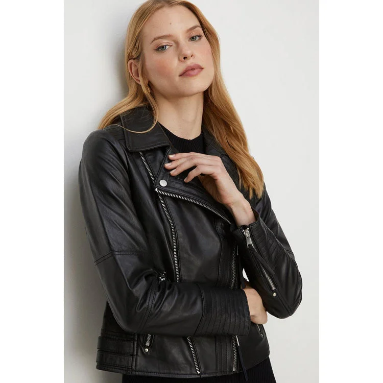Women's Black Leather Detail Biker Jacket By 3A Knit Fabric Woven Fabric Fleece Fabric Women's Black Leather Detail Biker Jacket By 3A Knit Fabric Woven Fabric Fleece Fabric