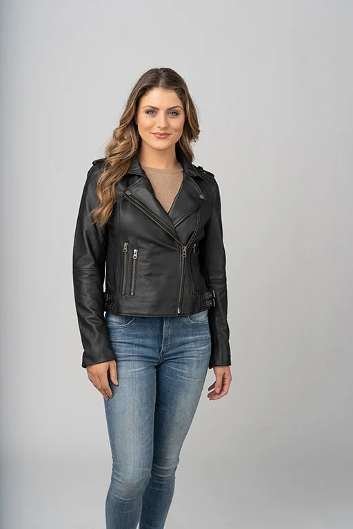 Women’s Black Sheepskin Leather Biker Jacket Toggled Jacket Drawstring Jacket Belted Jacket