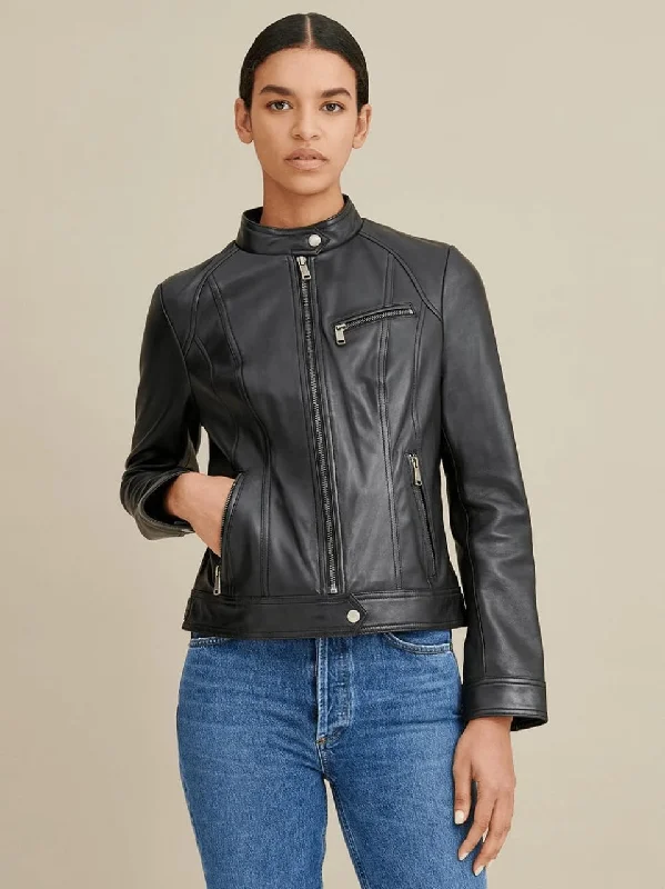 Women’s Classic Black Leather Jacket Nylon Jacket Polyester Jacket Spandex Jacket