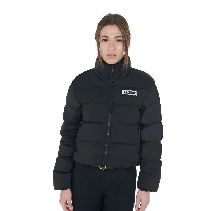 Women's Cropped Stretch Fabric Down Jacket - Black Snapped Jacket Toggled Jacket Drawstring Jacket