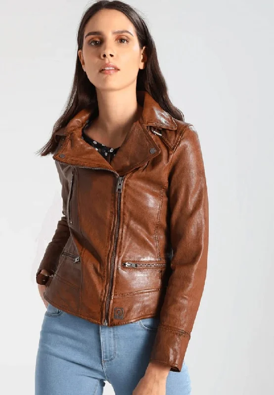 Women’s Crunch Brown Leather Biker Jacket Satin Fabric Silk Fabric Chiffon Fabric