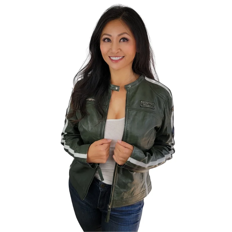 Women's Lambskin Leather Racing Jacket in GP Olive Ribbed Jacket Pleated Jacket Ruffled Jacket Women's Lambskin Leather Racing Jacket in GP Olive Ribbed Jacket Pleated Jacket Ruffled Jacket