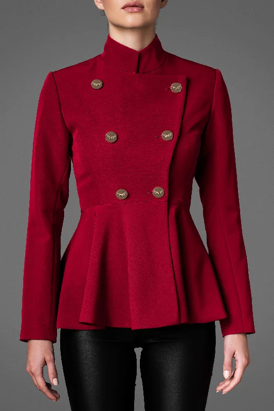 Women's Lightweight Wool Jacket - Serene Red Notch Collar Peter Pan Collar Cowl Neck