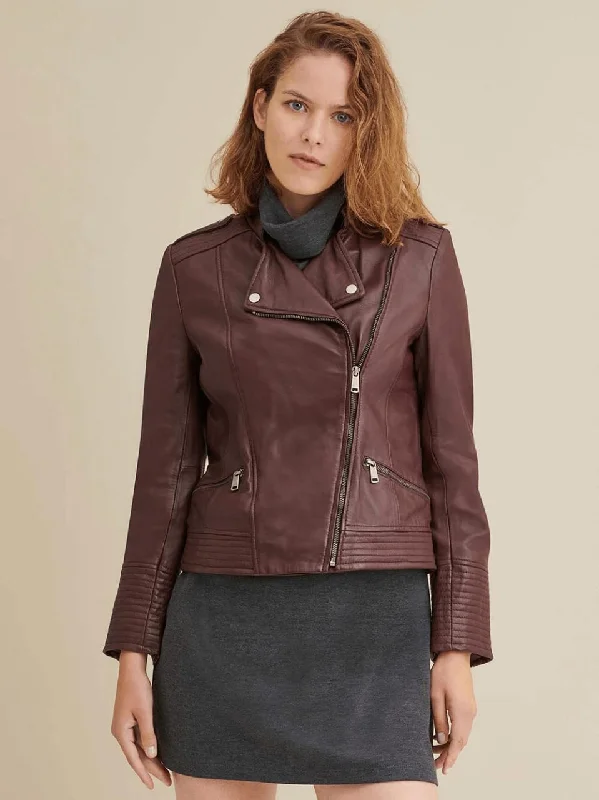 Women’s Maroon Leather Biker Jacket Front Pockets Side Pockets Patch Pockets