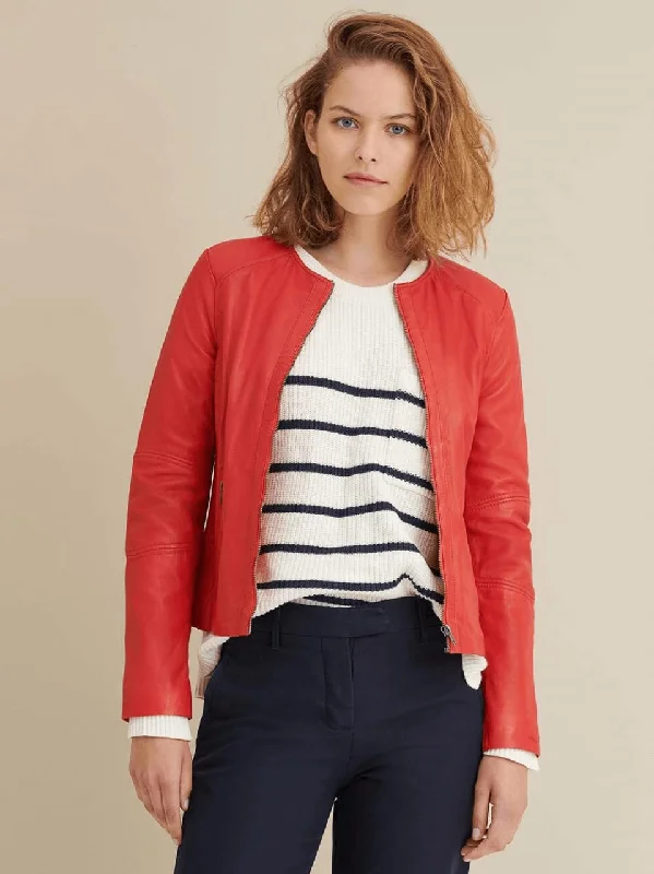 Women’s Red Real Leather Jacket Ribbed Jacket Pleated Jacket Ruffled Jacket