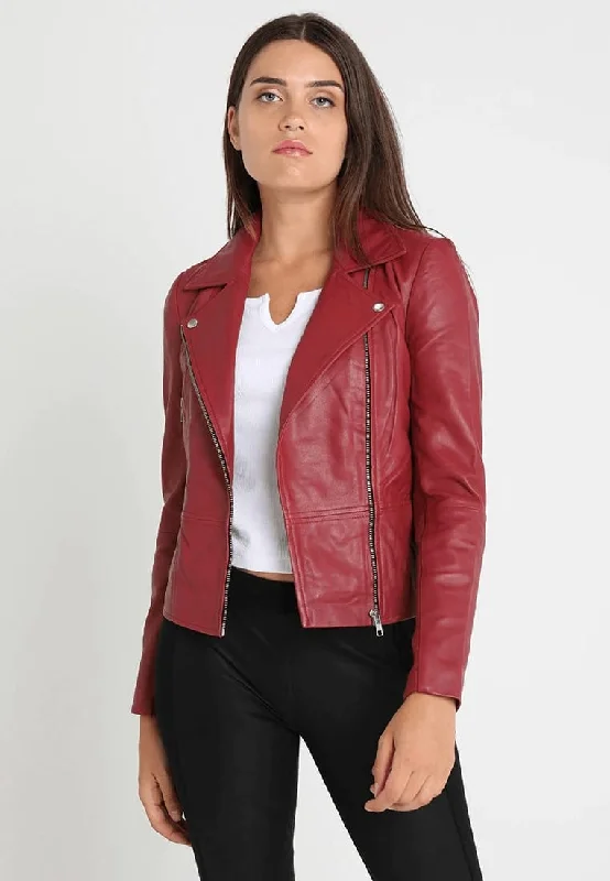 Women’s Red Sheepskin Leather Biker Jacket Mesh Jacket Canvas Jacket Denim Jacket