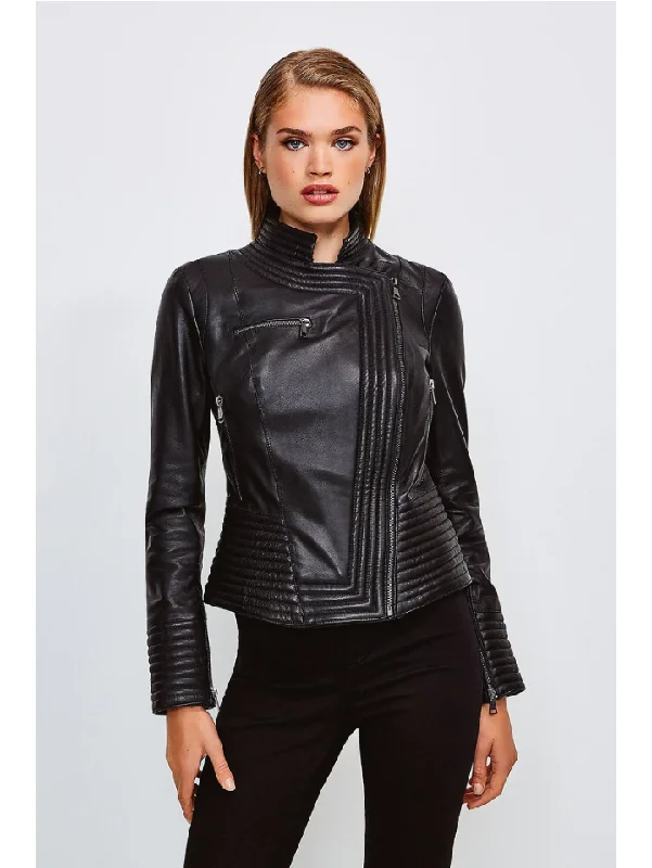 Women’s Sheepskin Black Leather Biker Jacket Lace Jacket Ribbed Jacket Sequined Jacket