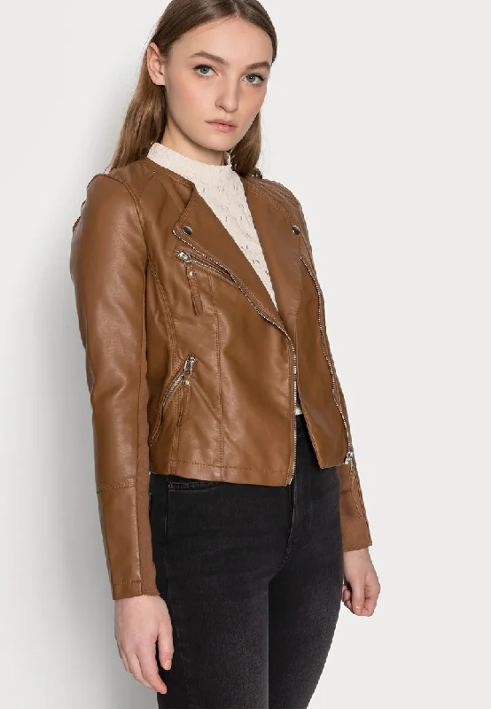 Women’s Tan Brown Genuine Leather Biker Jacket Ribbed Jacket Pleated Jacket Ruffled Jacket Women’s Tan Brown Genuine Leather Biker Jacket Ribbed Jacket Pleated Jacket Ruffled Jacket
