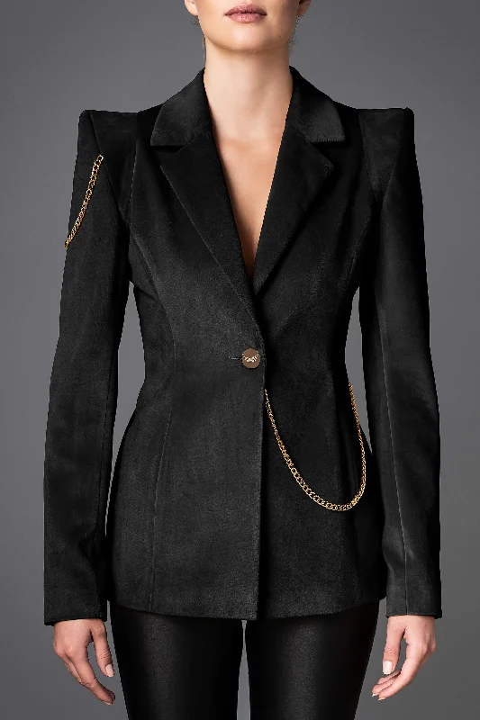 Women's Velvet Jacket - Boldness Black Wool Fabric Cashmere Fabric Tweed Fabric