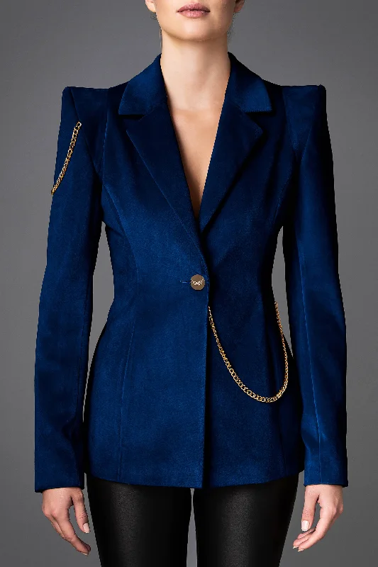 Women's Velvet Jacket - Boldness Dark Blue Herringbone Jacket Houndstooth Jacket Plaid Jacket