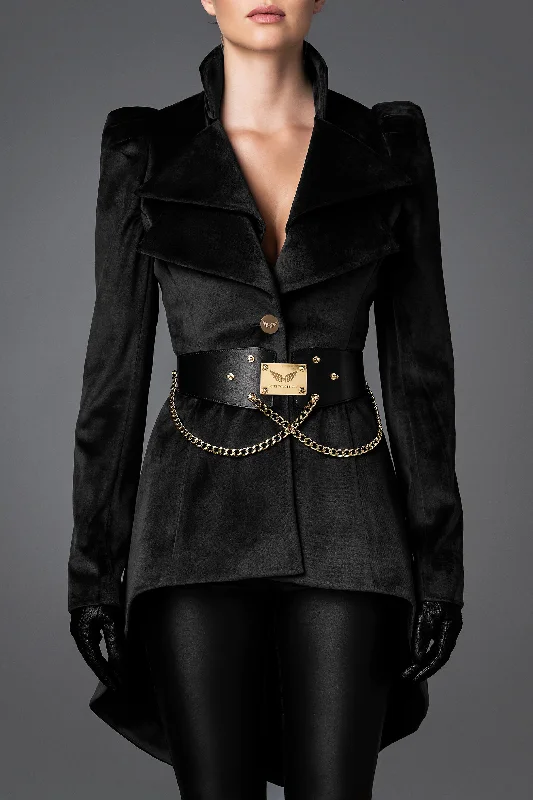 Women's Velvet Jacket - Wisdom Black Wool Fabric Cashmere Fabric Tweed Fabric