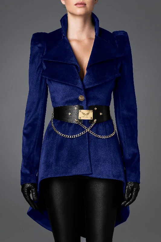 Women's Velvet Jacket - Wisdom Dark Blue A-Line Jacket Boat Neck Shawl Collar