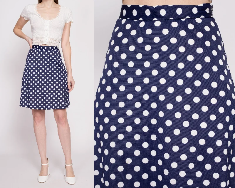 60s 70s Navy Blue Polka Dot Mini Skirt - Extra Small, 25" breathable skirt fabric