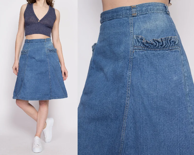 70s Denim Ruffle Pocket A-Line Skirt - Small, 27" leather skirt durable