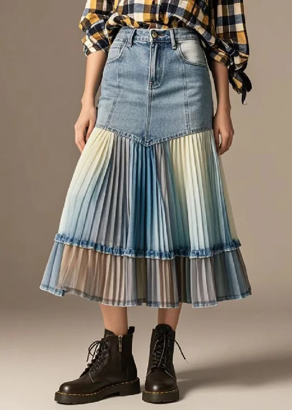 Art Denim Blue Wraped Patchwork Tie Dye Pleated Skirts Fall spandex blend skirt