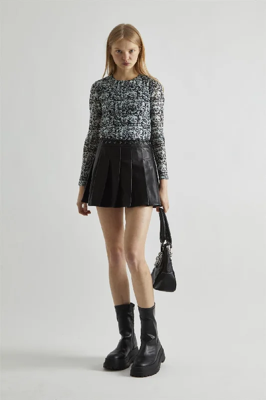 Black-PU Pleated Mini-Skirt denim skirt fashionable