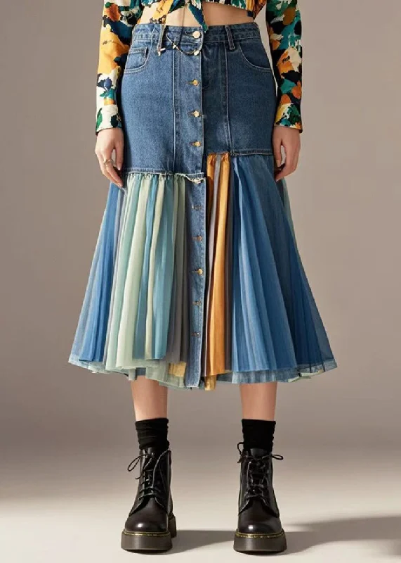 Boho Blue Silm Fit Patchwork Denim Skirt Fall velvet skirt glossy