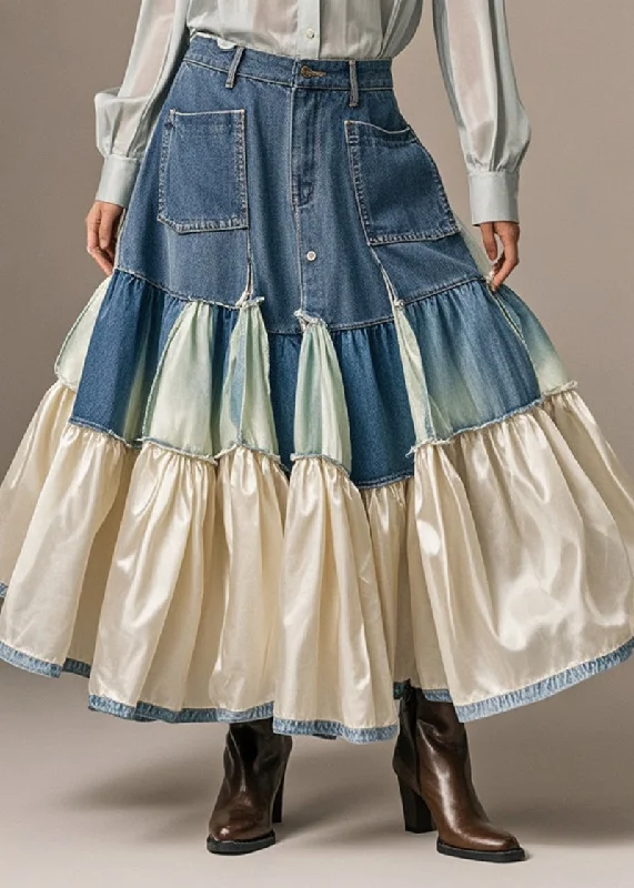 Boutique Blue Oversized Patchwork Exra Large Hem Denim Skirts Fall pleated skirt texture