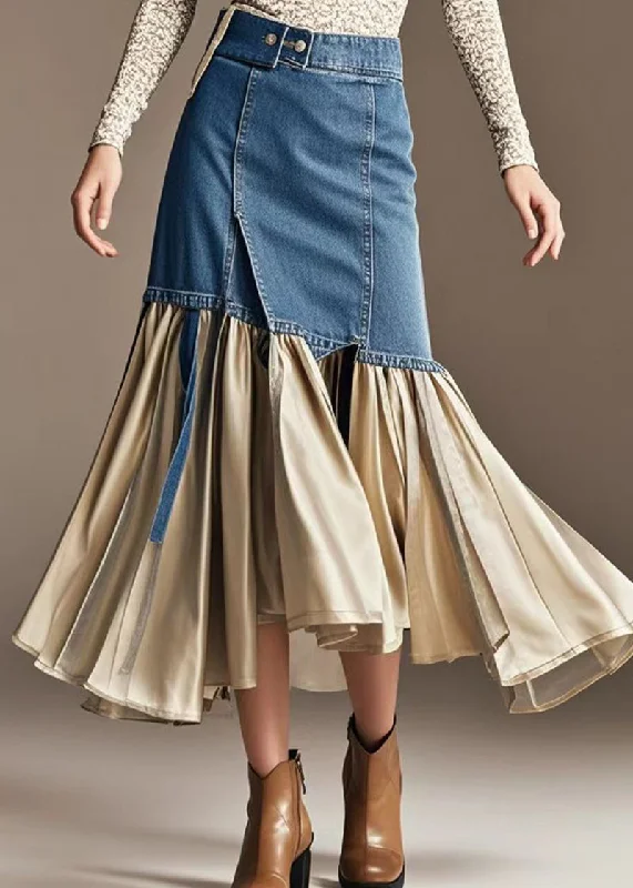 Champagne Patchwork Denim Wraped Skirts Wrinkled Fall denim skirt classic