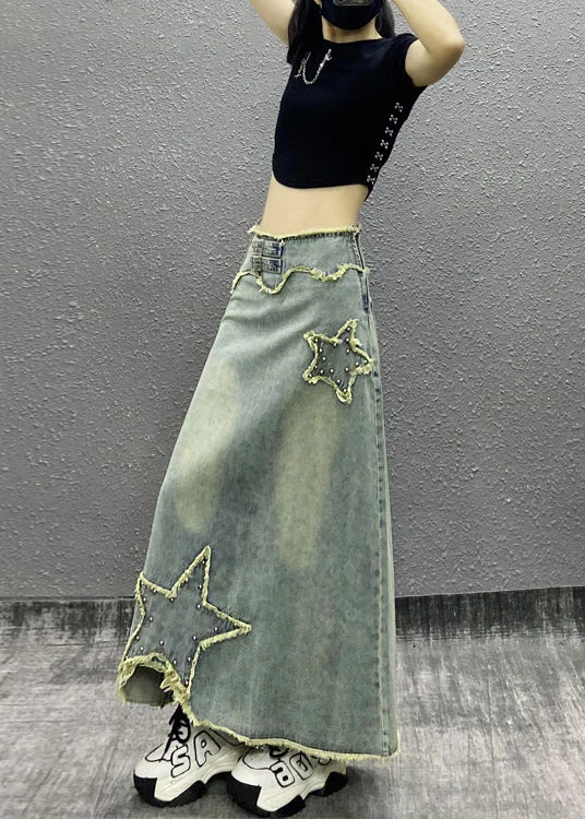 Fashion Blue Tasseled Nail Bead High Waist Denim Skirts Fall linen skirt natural