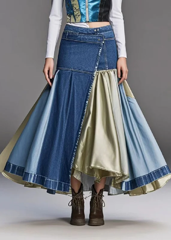 Fine Navy Asymmetrical Patchwork Exra Large Hem Denim Wraped Skirt Fall boho skirt vibe