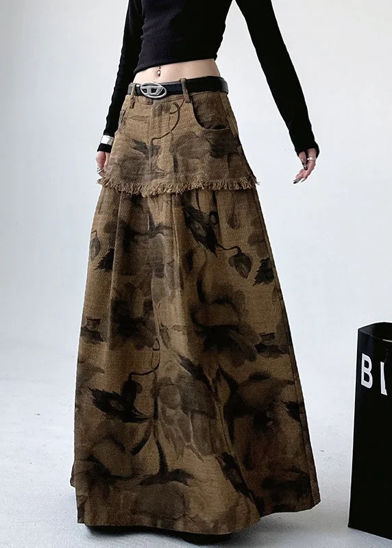 French Khaki Tassel Print Denim Maxi Skirts Fall corduroy skirt durable