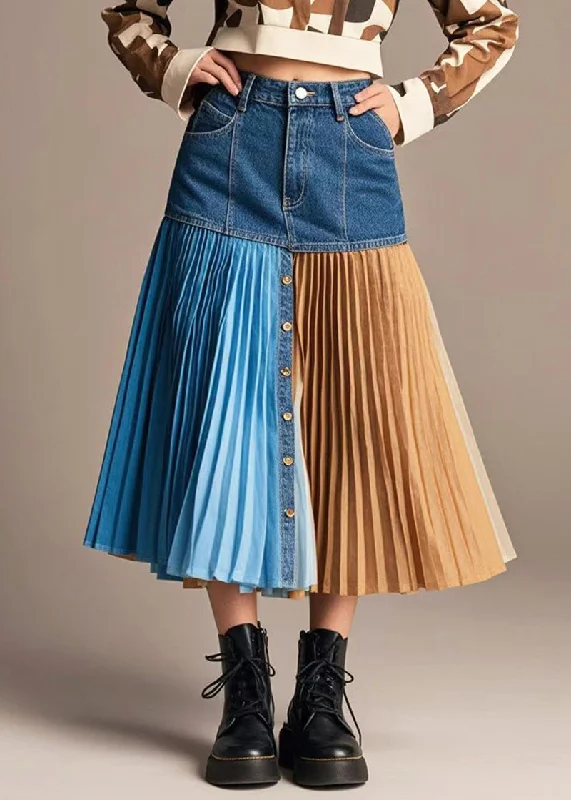 French Navy Asymmetrical Patchwork Denim Pleated Skirt Fall flowy skirt hem